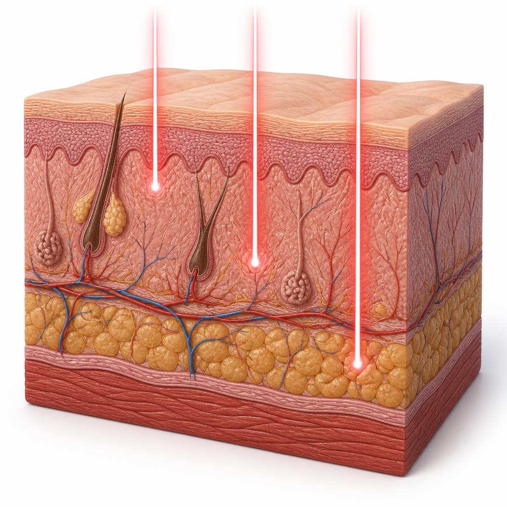 Cross-section of skin showing red and near-infrared light reaching each layer